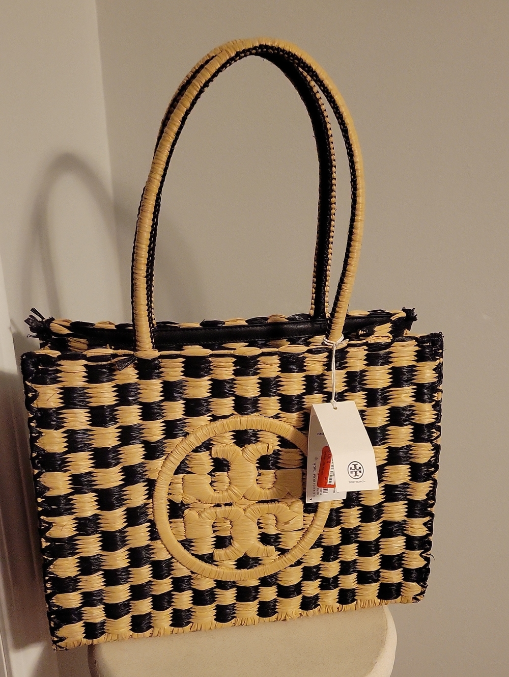 Tory Burch "Ella" Raffia Tote Bag in Black & Natural NWT - Picture 7 of 7